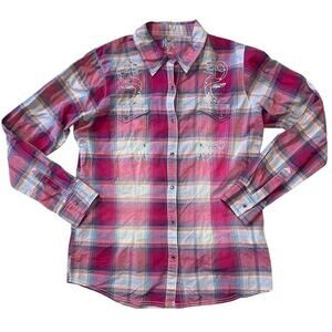 Wrangler Rock 47 Sz L Snap Button Shirt Rhinestone Long Sleeve Plaid Pink Purple